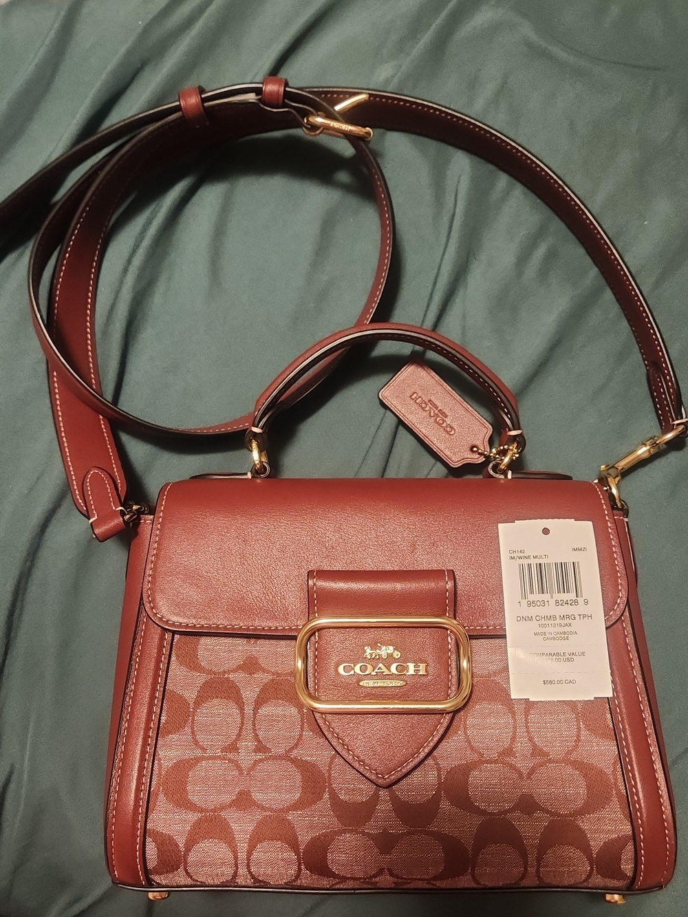 Coach Morgan Top Handle Burgundy Signature Canvas Crossbody with Gold Hardware